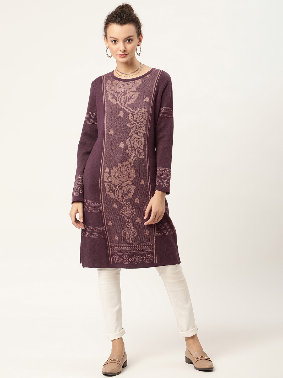 

American Eye Women Aubergine & Beige Floral Woven Design Winter Straight Kurta, Purple