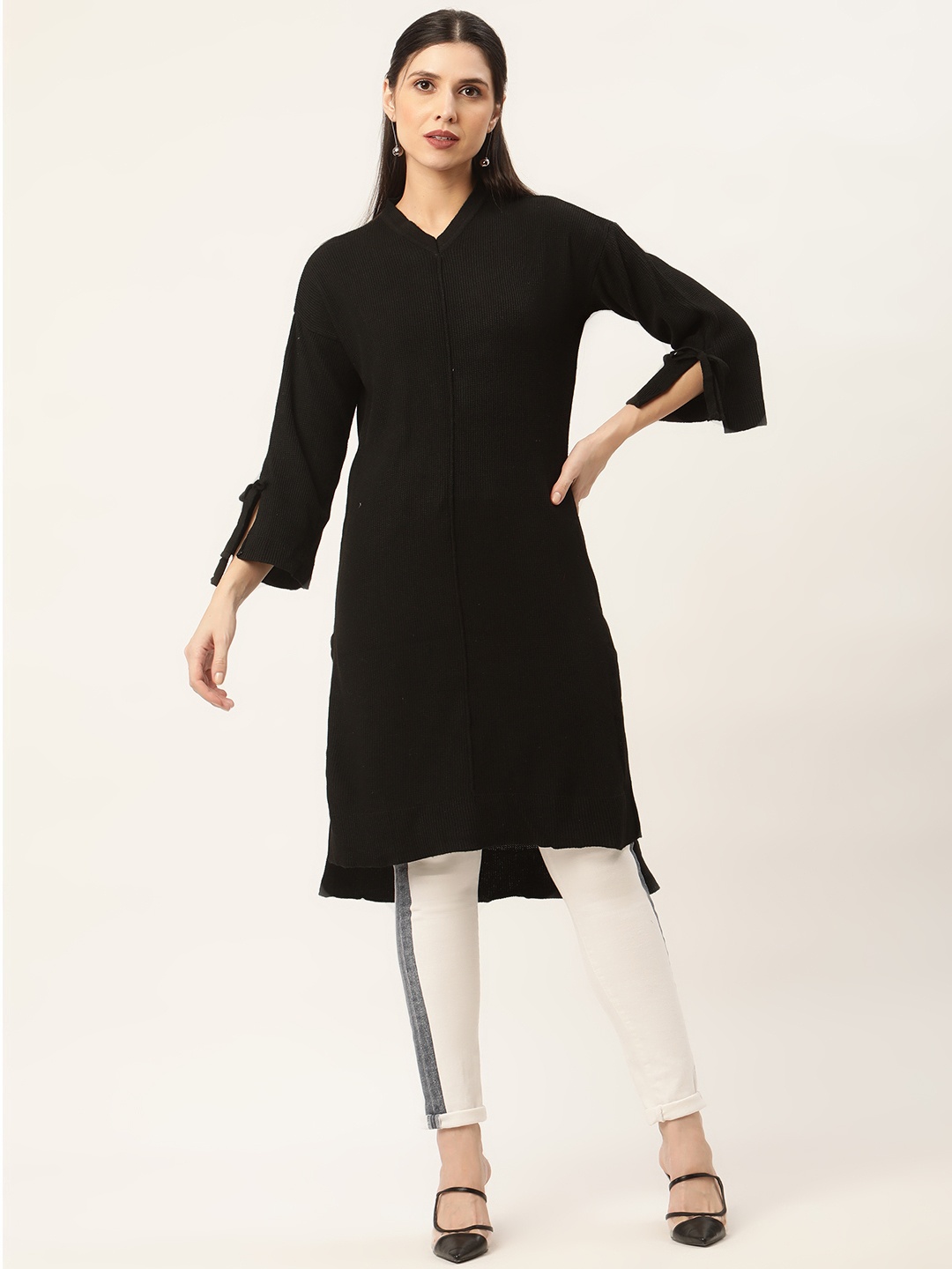 

American Eye Women Black Self Striped Winter Straight Kurta