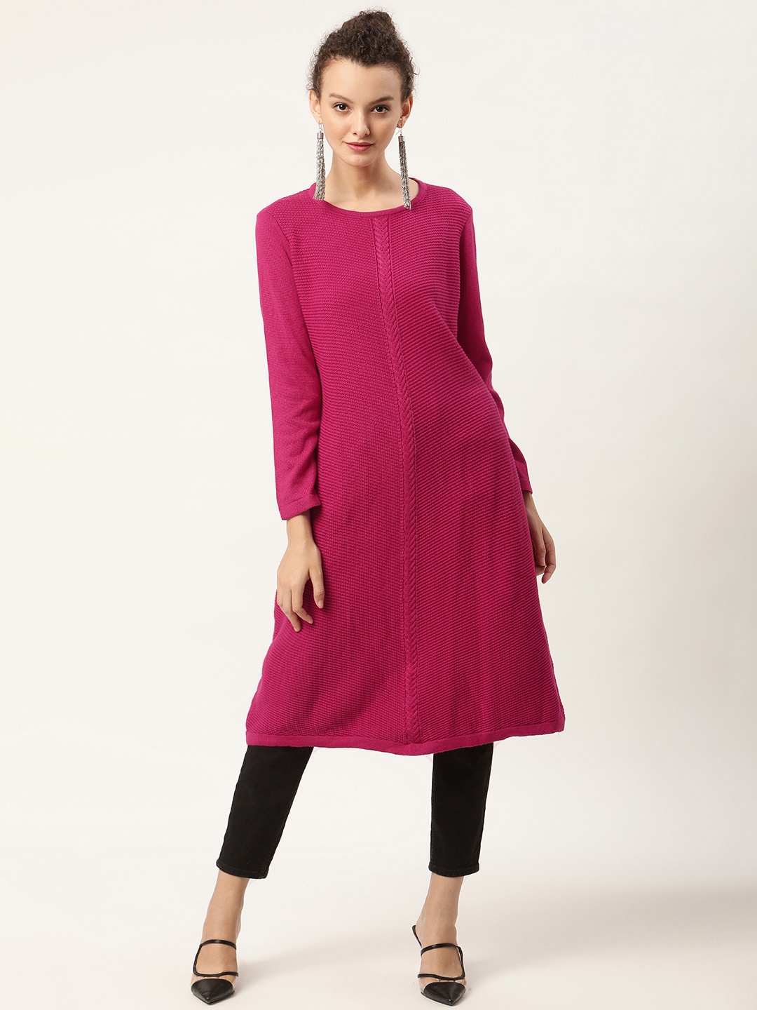 

American Eye Women Pink Solid Winter Straight Kurta with Cable Knit Detail