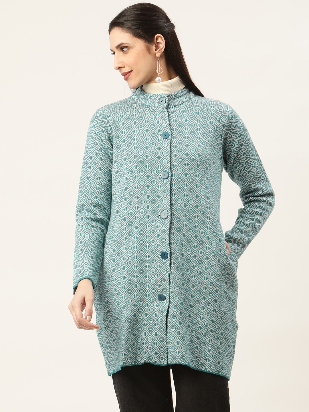 

American Eye Women Blue & White Ethnic Motifs Woven Design Longline Cardigan