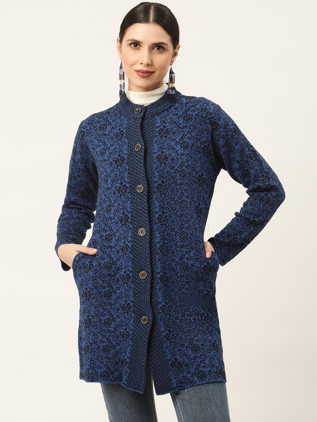 

American Eye Women Blue & Black Floral Printed Longline Cardigan