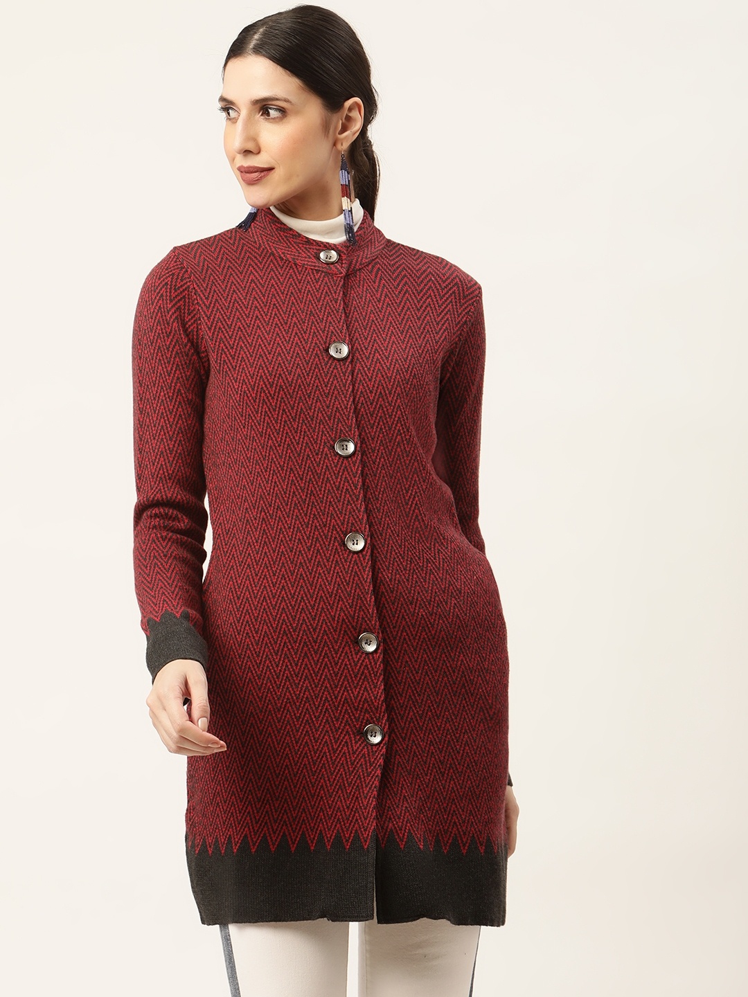 

American Eye Women Maroon & Charcoal Grey Chevron Woven Design Longline Cardigan