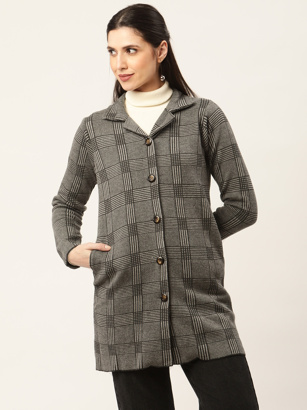 

American Eye Women Grey & Black Self Checked Longline Cardigan