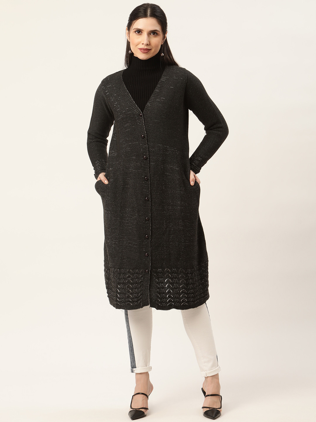 

American Eye Women Charcoal Black Self Design Longline Cardigan
