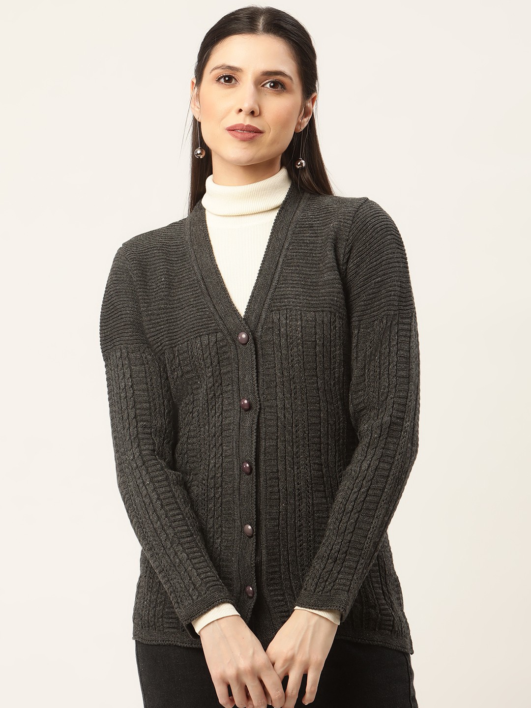 

American Eye Women Charcoal Grey Self Striped Cardigan