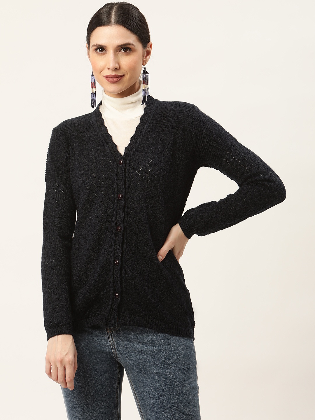 

American Eye Women Navy Blue Self Design Cardigan