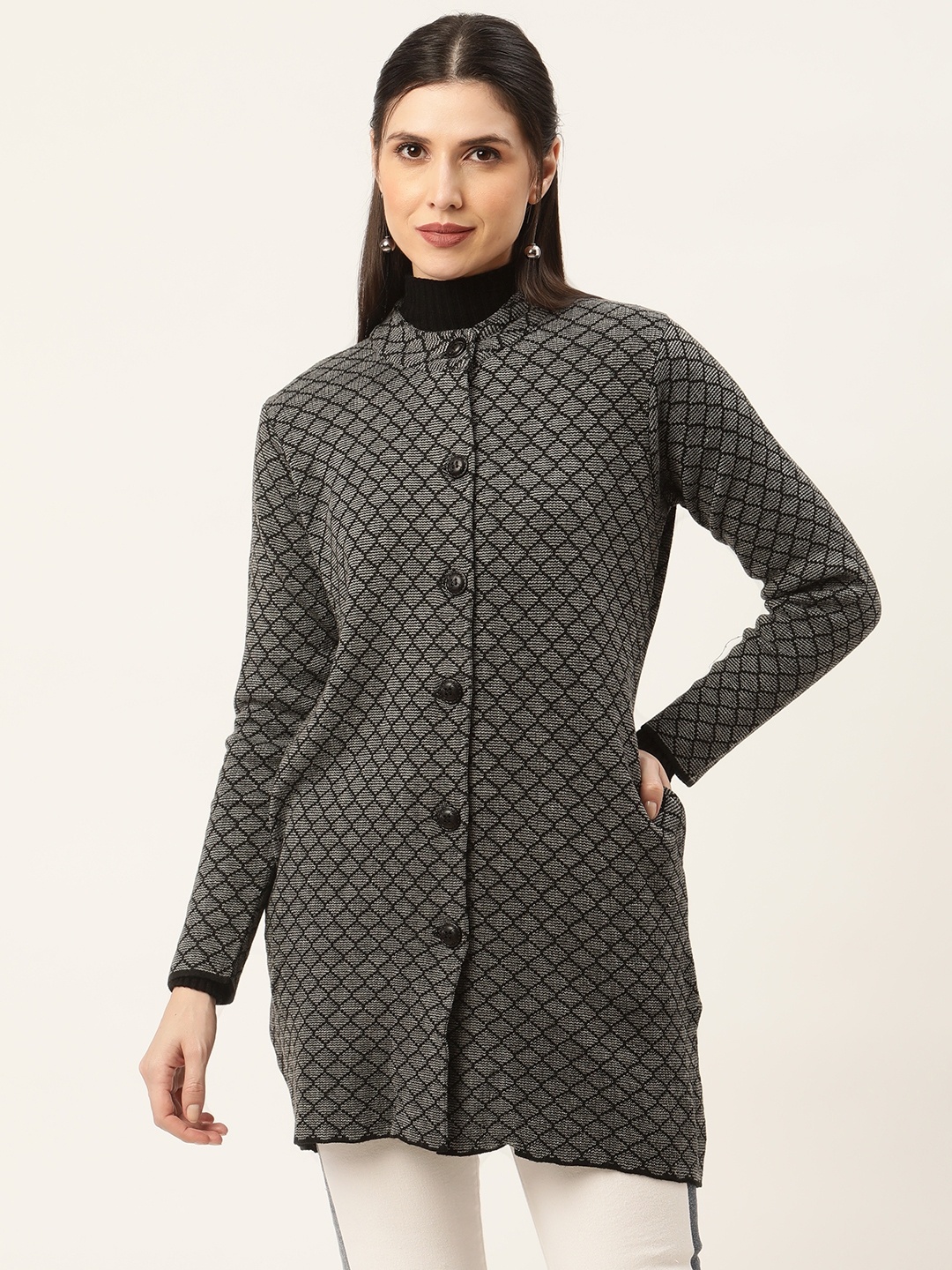 

American Eye Women Black & Grey Self Design Longline Cardigan