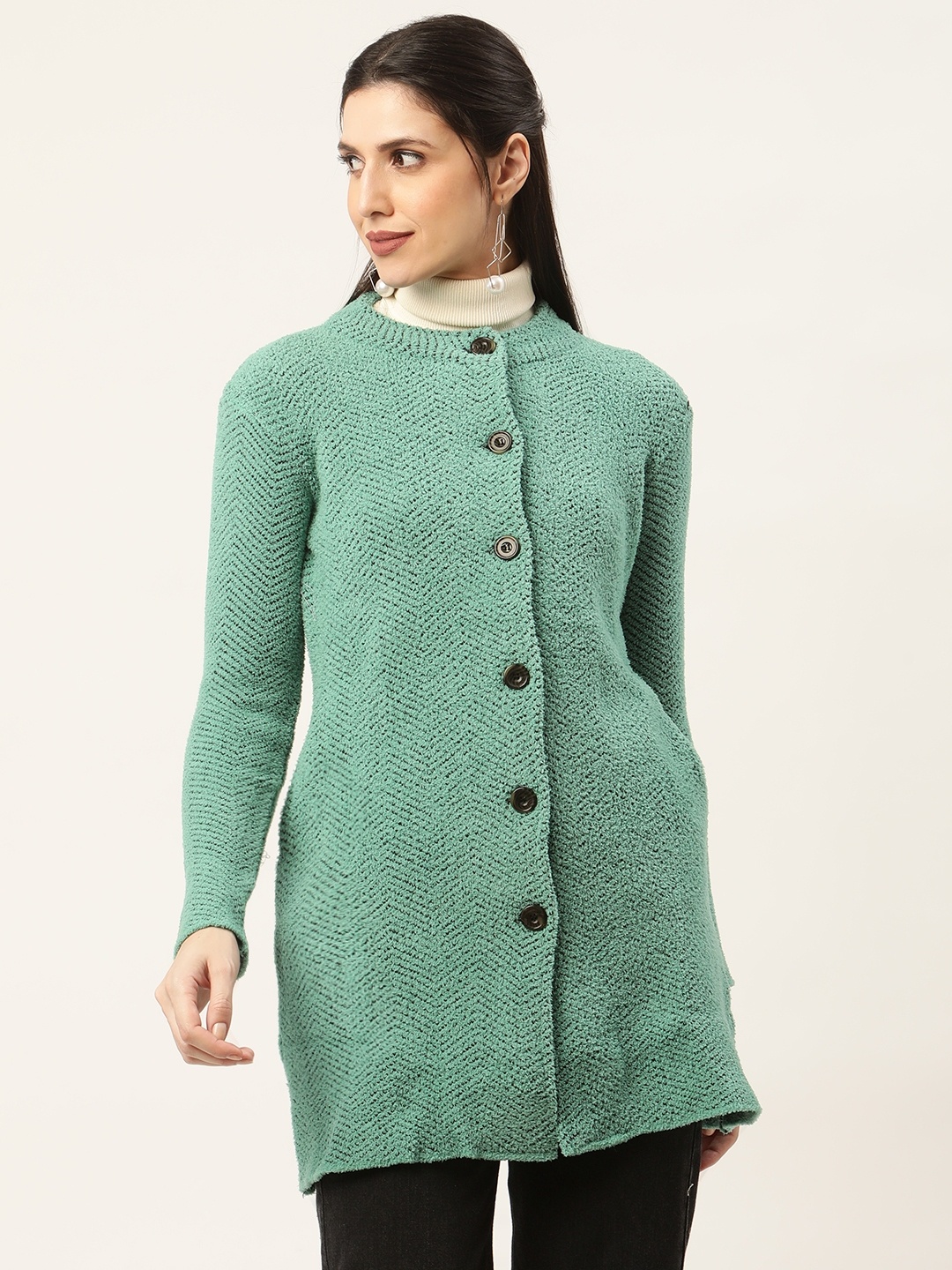 

American Eye Women Sea Green & Black Self Striped Longline Fuzzy Cardigan