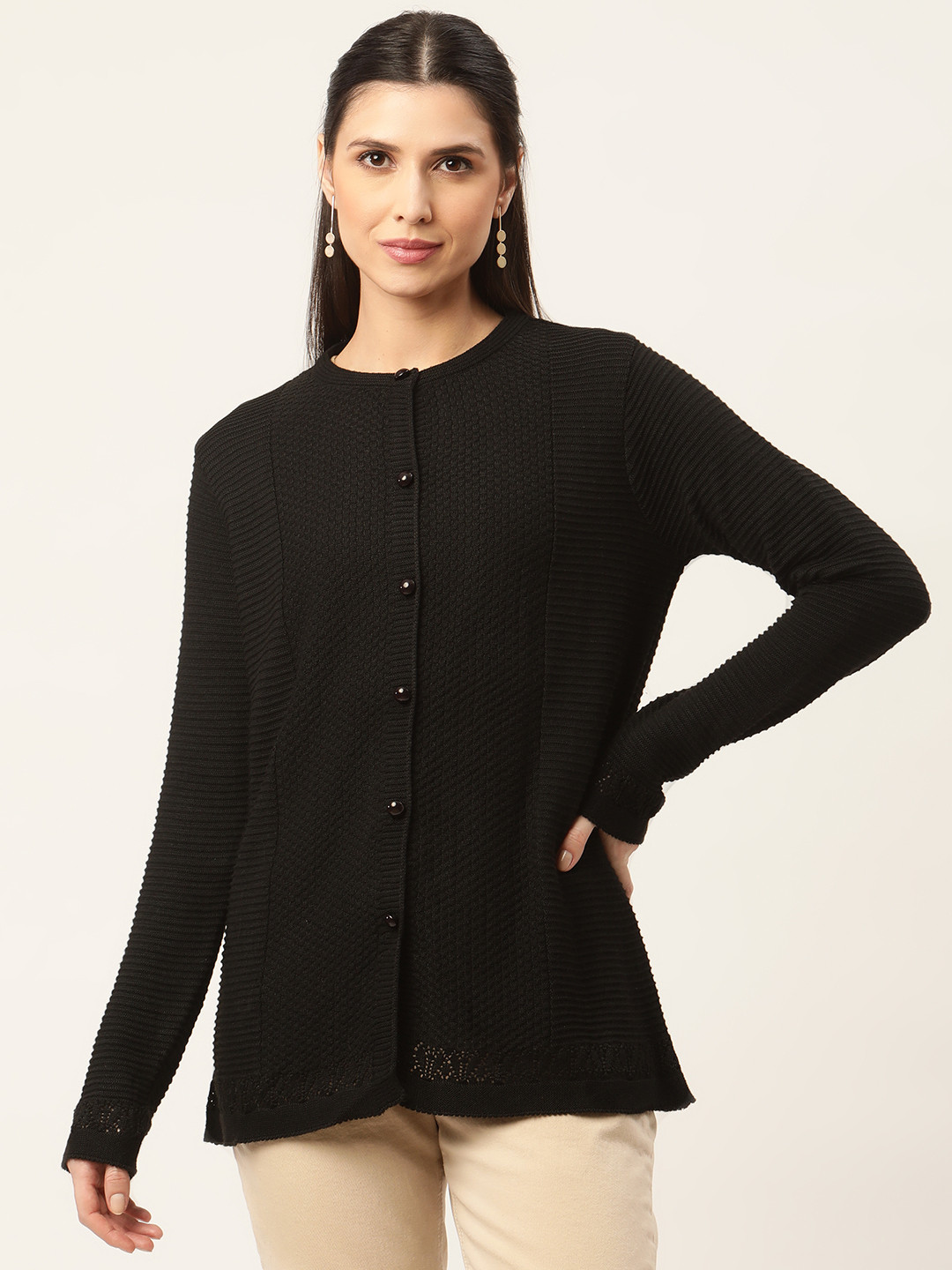 

American Eye Women Black Self Design Cardigan