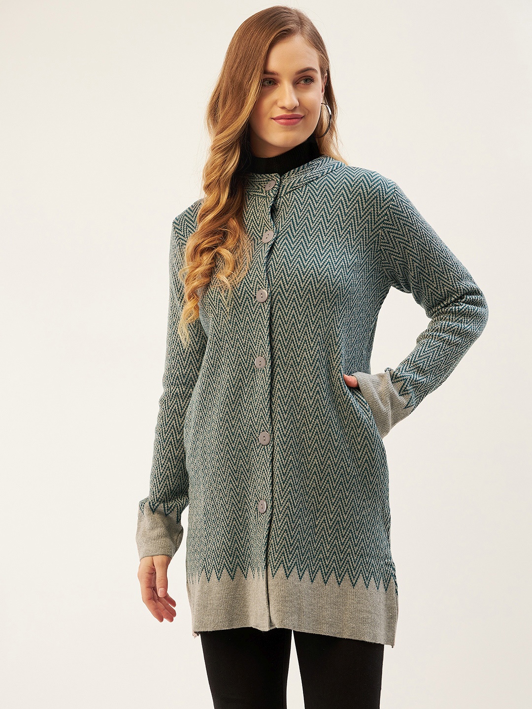 

American Eye Women Green & White Chevron Longline Cardigan