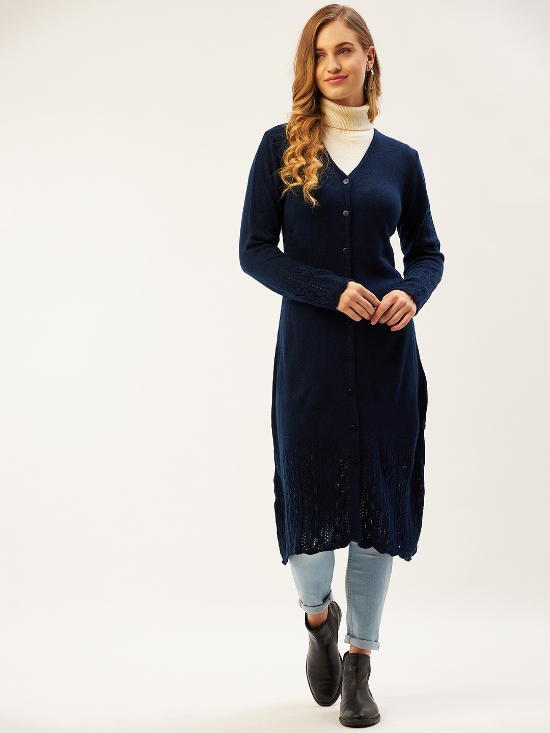 

American Eye Women Navy Blue Cable Knit Longline Cardigan