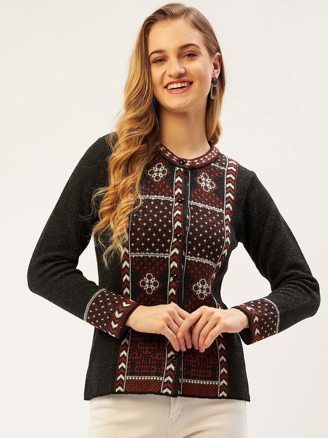

American Eye Women Charcoal Grey & Maroon Ethnic Motifs Cardigan