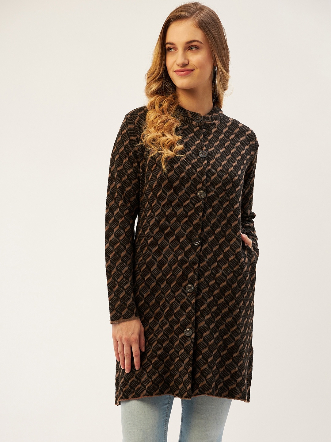 

American Eye Women Brown & Peach-Coloured Longline Cardigan