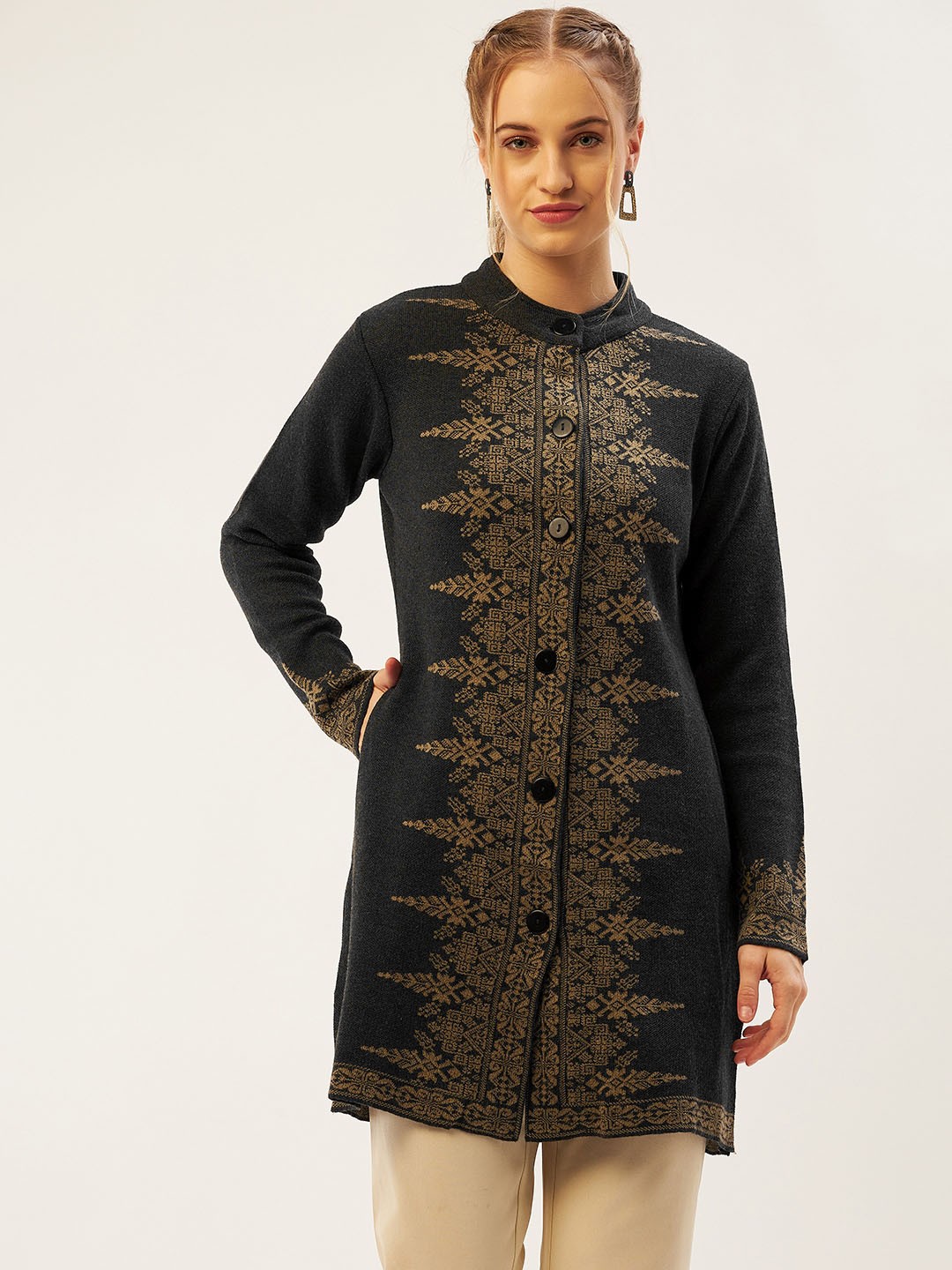 

American Eye Women Charcoal Grey & Beige Longline Cardigan