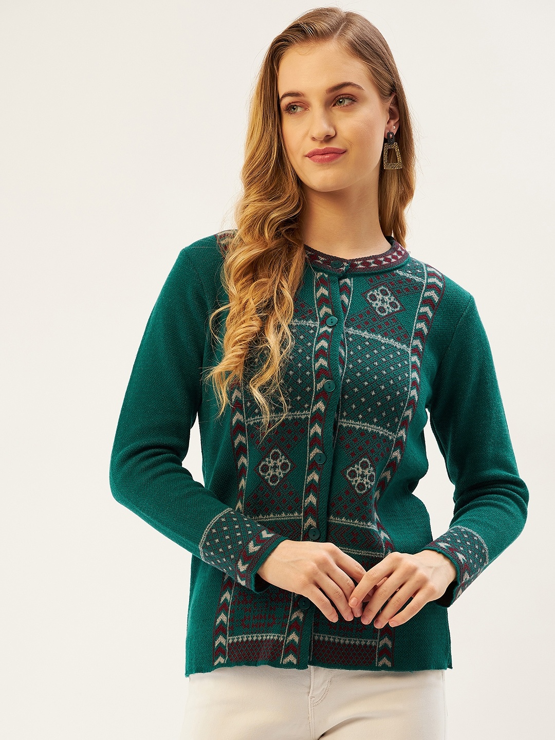 

American Eye Women Teal Green & White Ethnic Motifs Cardigan