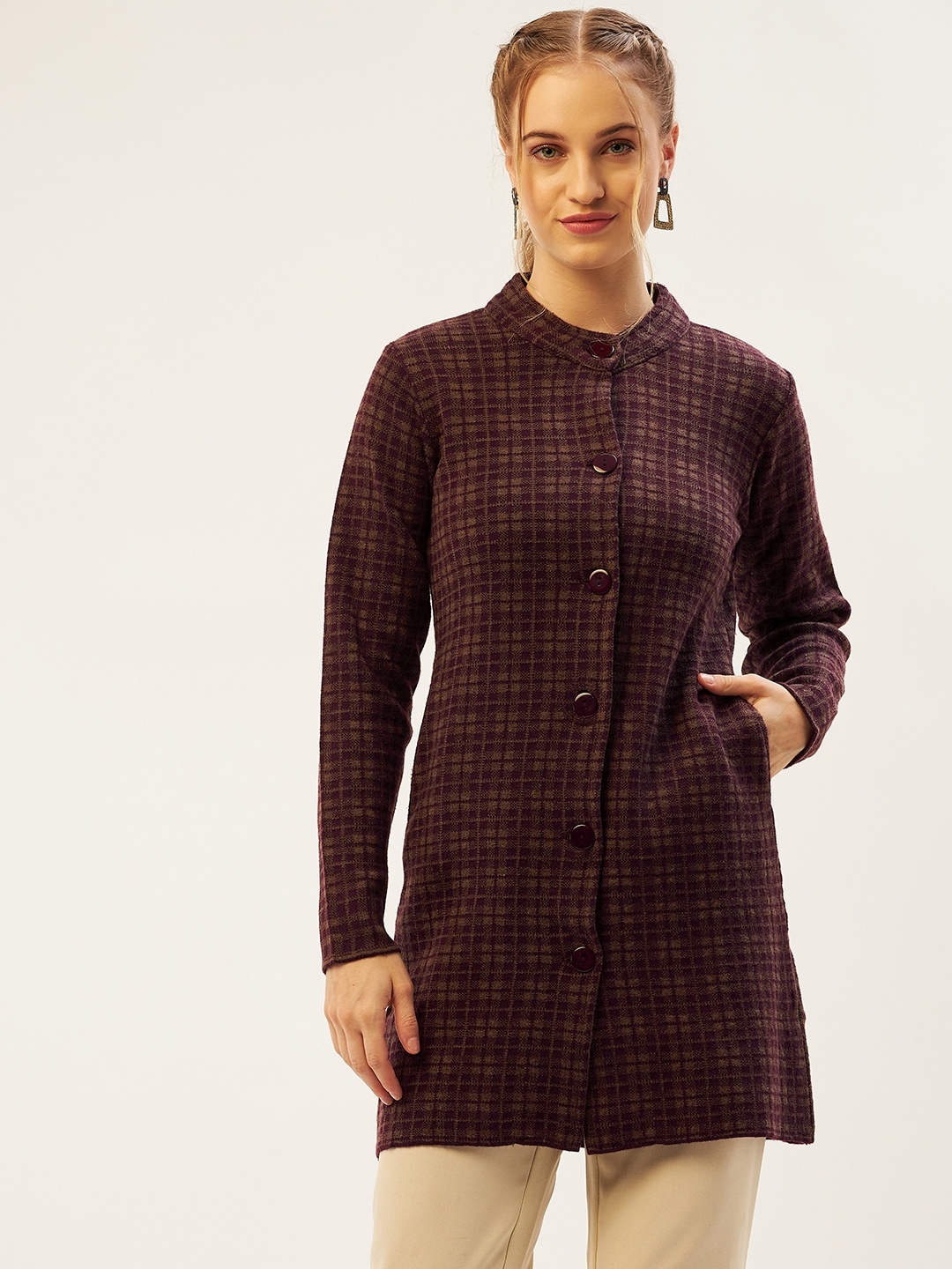 

American Eye Women Burgundy & Taupe Checked Longline Cardigan