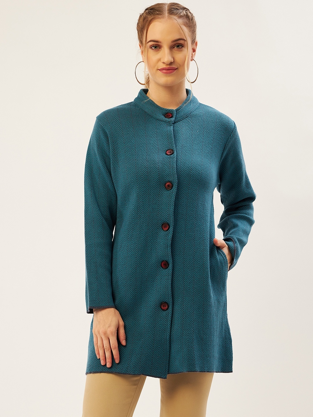 

American Eye Women Teal Blue Chevron Patterned Longline Cardigan, Turquoise blue