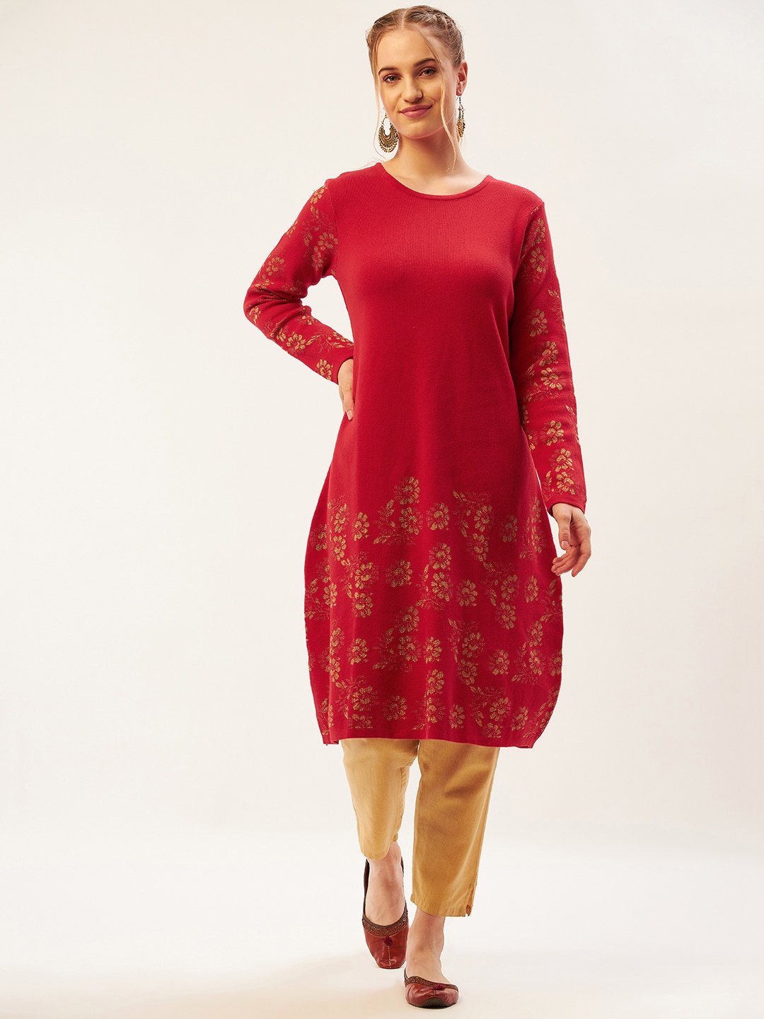 

American Eye Women Red & Beige Ethnic Motifs Woven Design Straight Winter Kurta