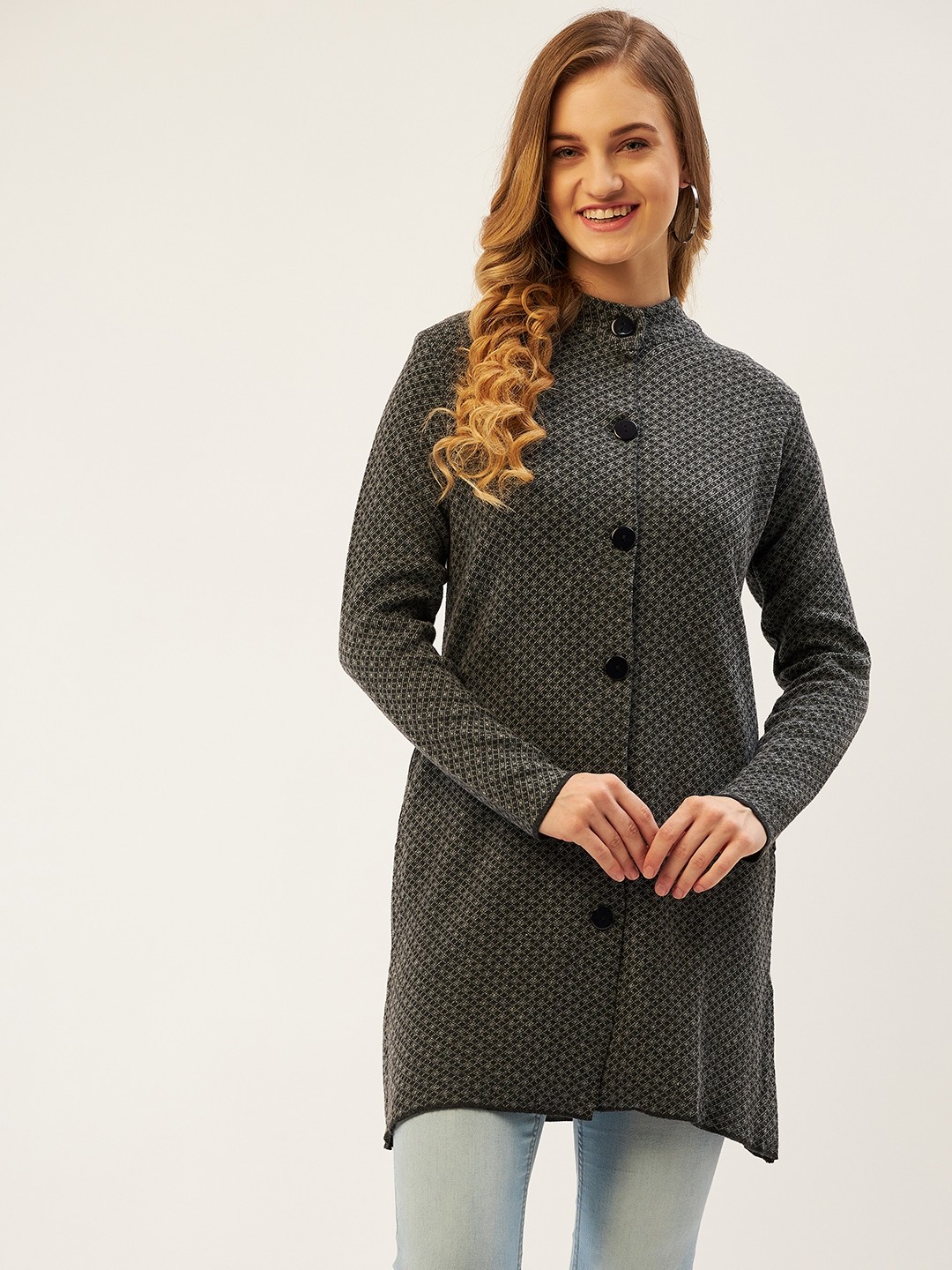 

American Eye Women Charcoal Grey & Black Woven Design Longline Cardigan