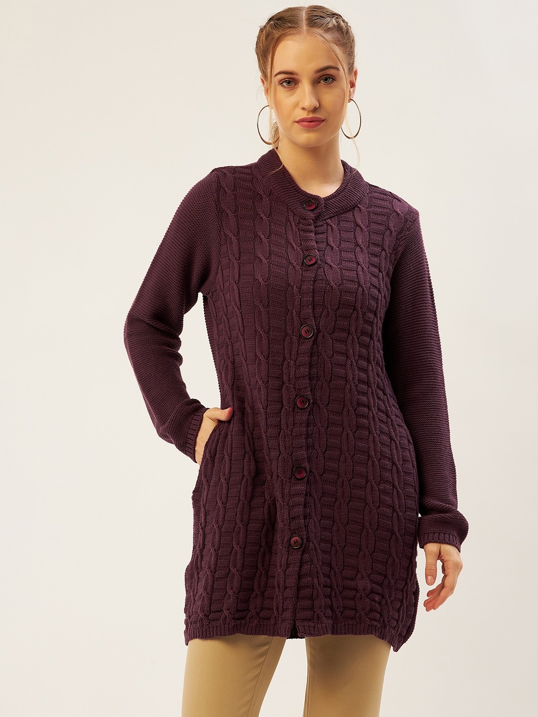 

American Eye Women Purple Cable Knit Longline Cardigan