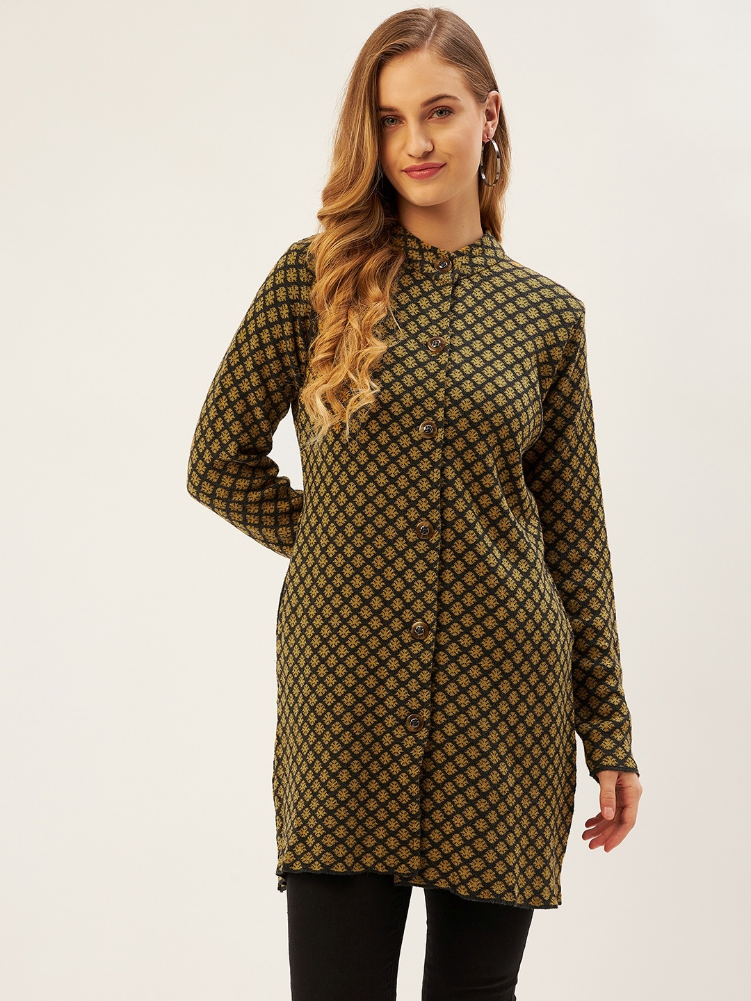 

American Eye Women Charcoal Grey & Mustard Yellow Woven Design Longline Cardigan