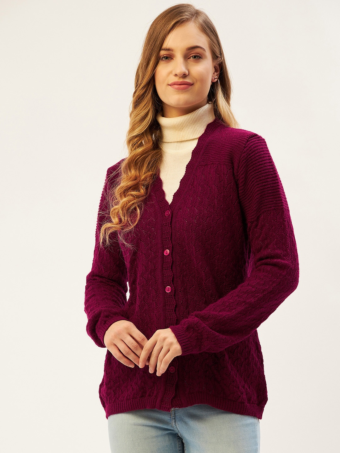 

American Eye Women Maroon Self-Design Cardigan