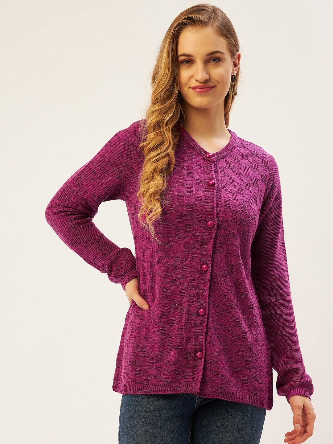 

American Eye Women Magenta Self-Design Cardigan