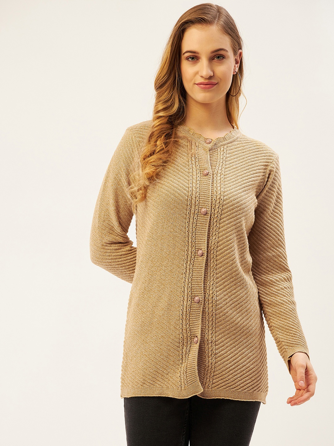 

American Eye Women Beige Self-Striped Cardigan