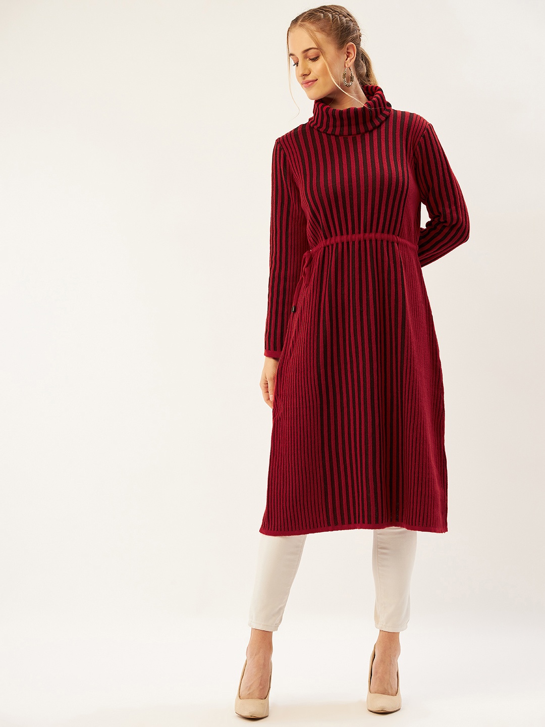 

American Eye Women Red & Black Striped Winter Kurta