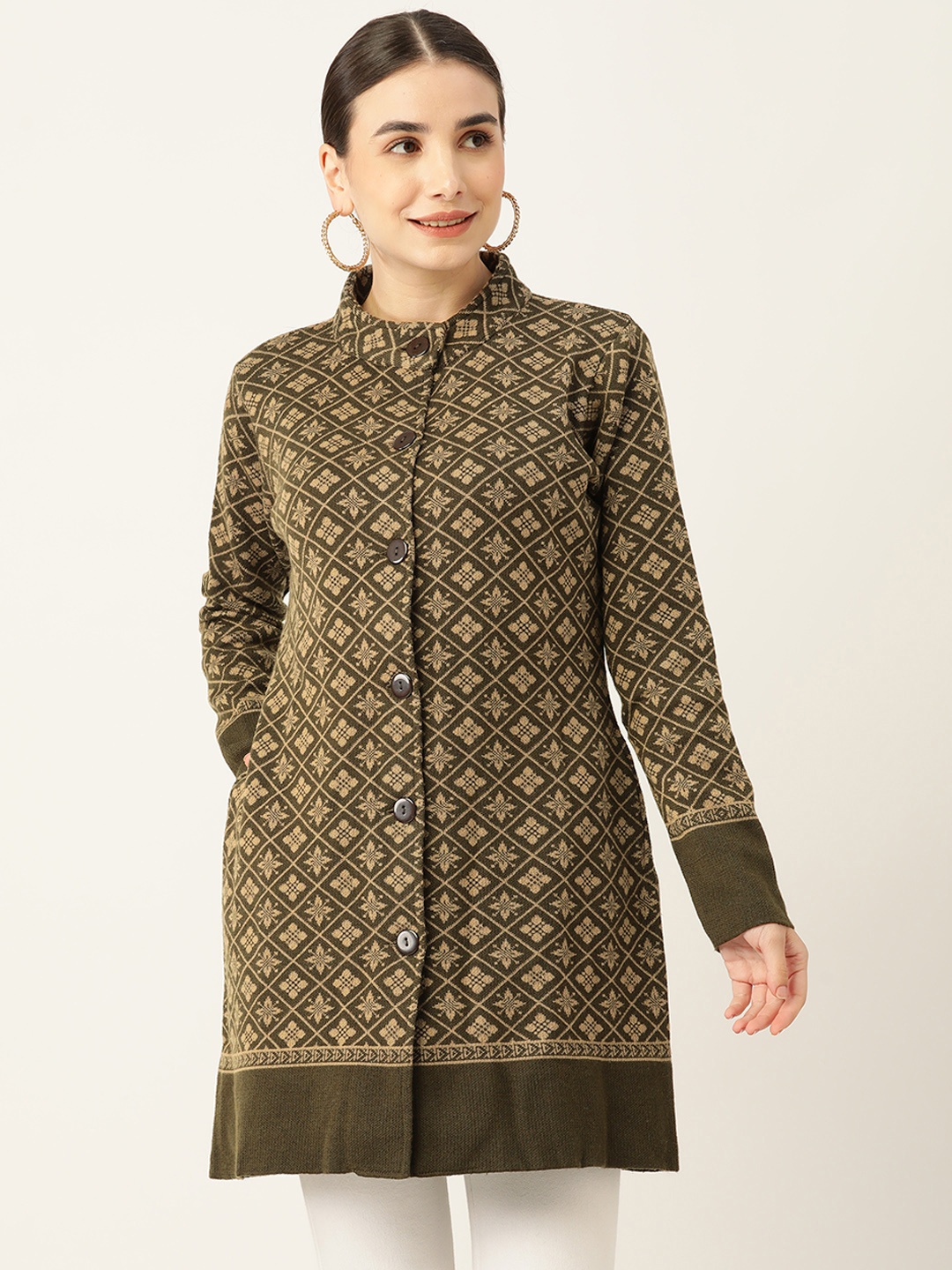 

American Eye Women Olive Green & Beige Acrylic Winter Longline Sweater