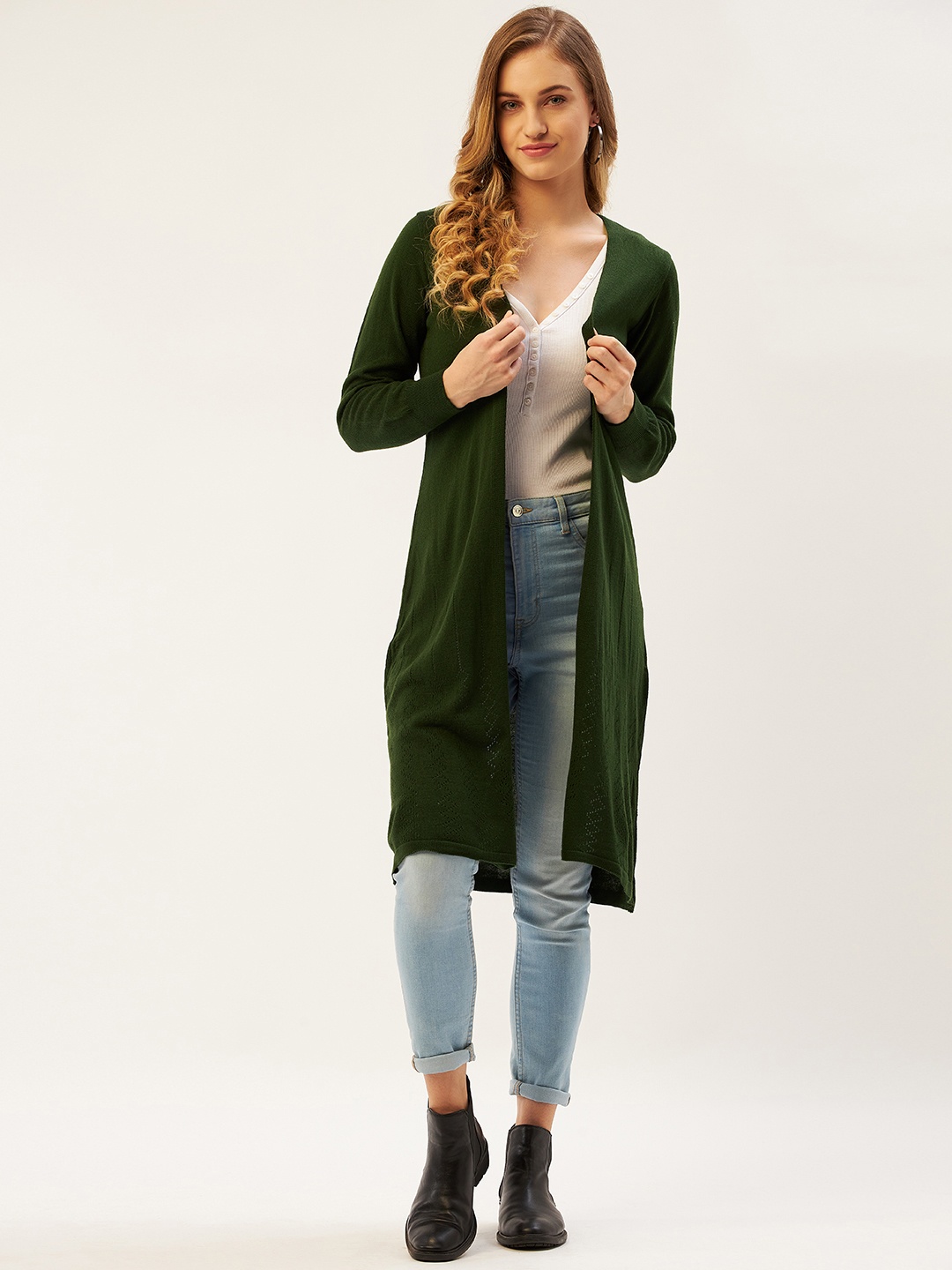 

American Eye Women Olive Green Longline Front-Open Sweater