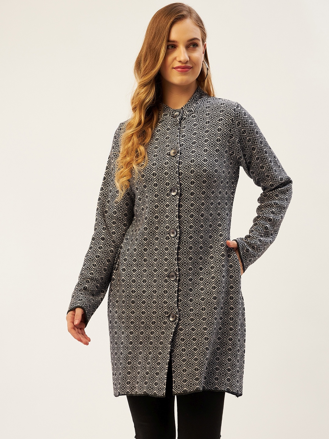 

American Eye Women Grey & Black Printed Longline Cardigan