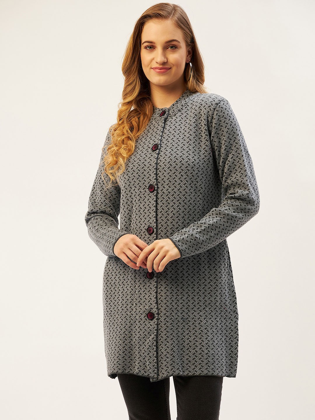 

American Eye Women Grey & Black Printed Longline Cardigan