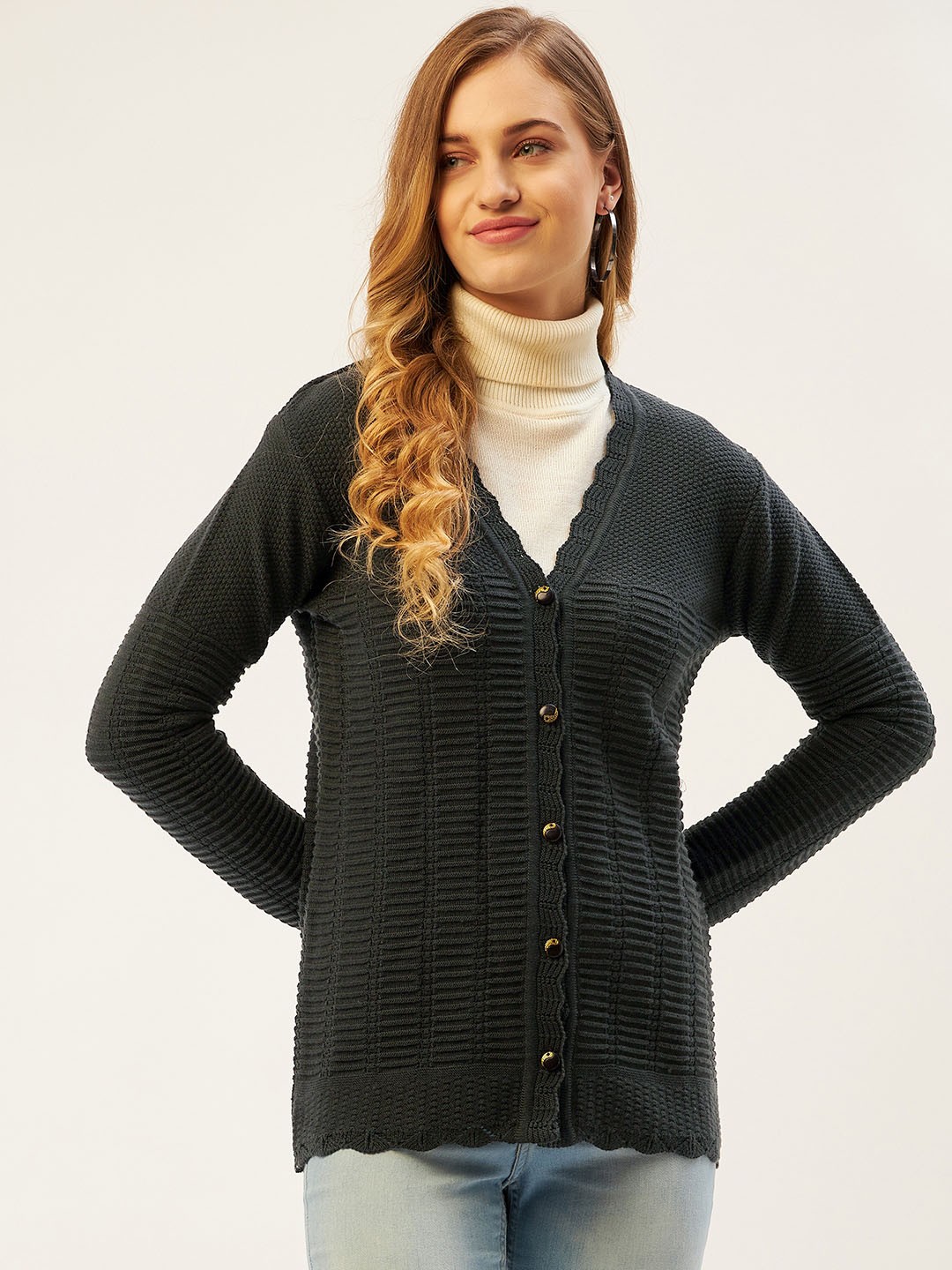 

American Eye Women Charcoal Grey Cable Knit Cardigan