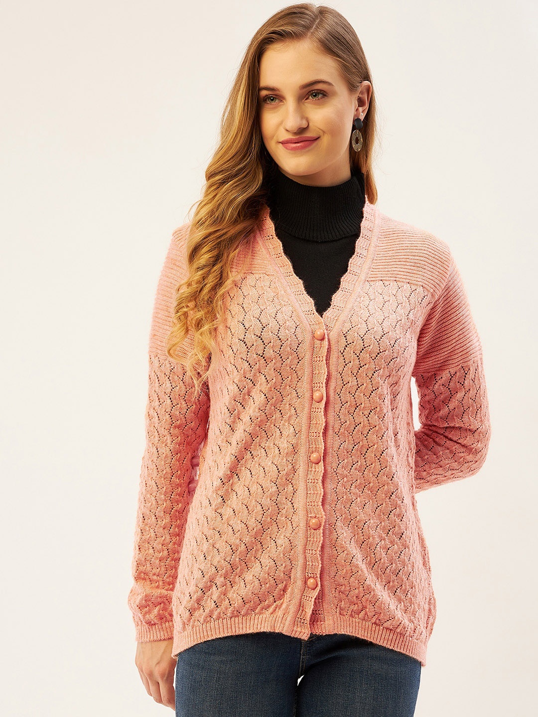 

American Eye Women Peach-Coloured Open-Knit Cardigan