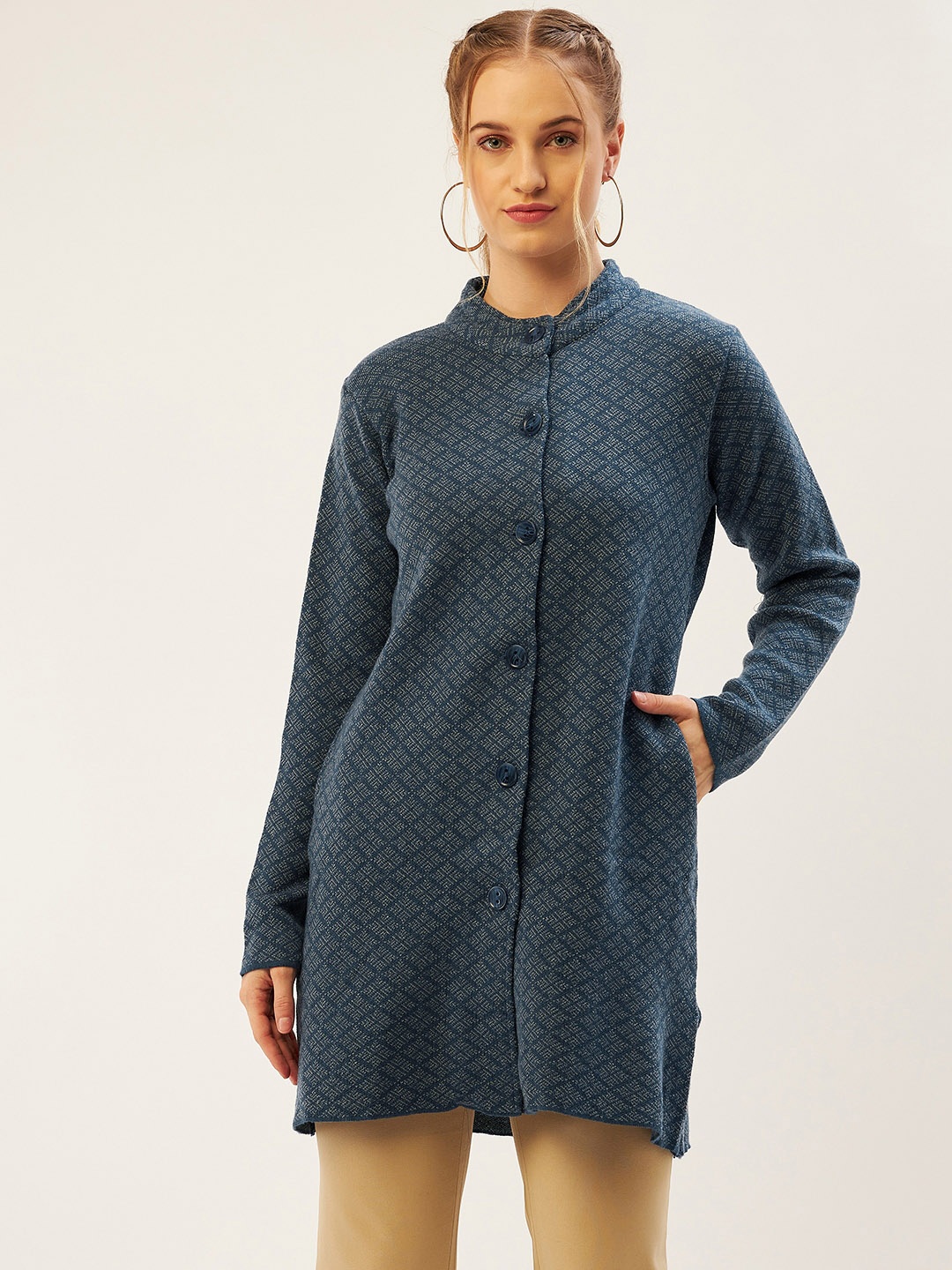 

American Eye Women Navy Blue & Grey Geometric Printed Longline Cardigan