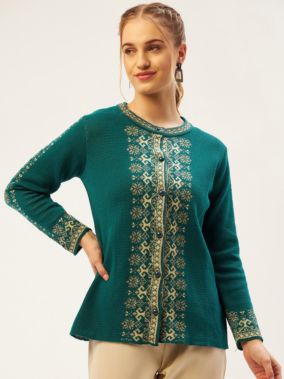 

American Eye Women Green & Beige Ethnic Motifs Printed Cardigan