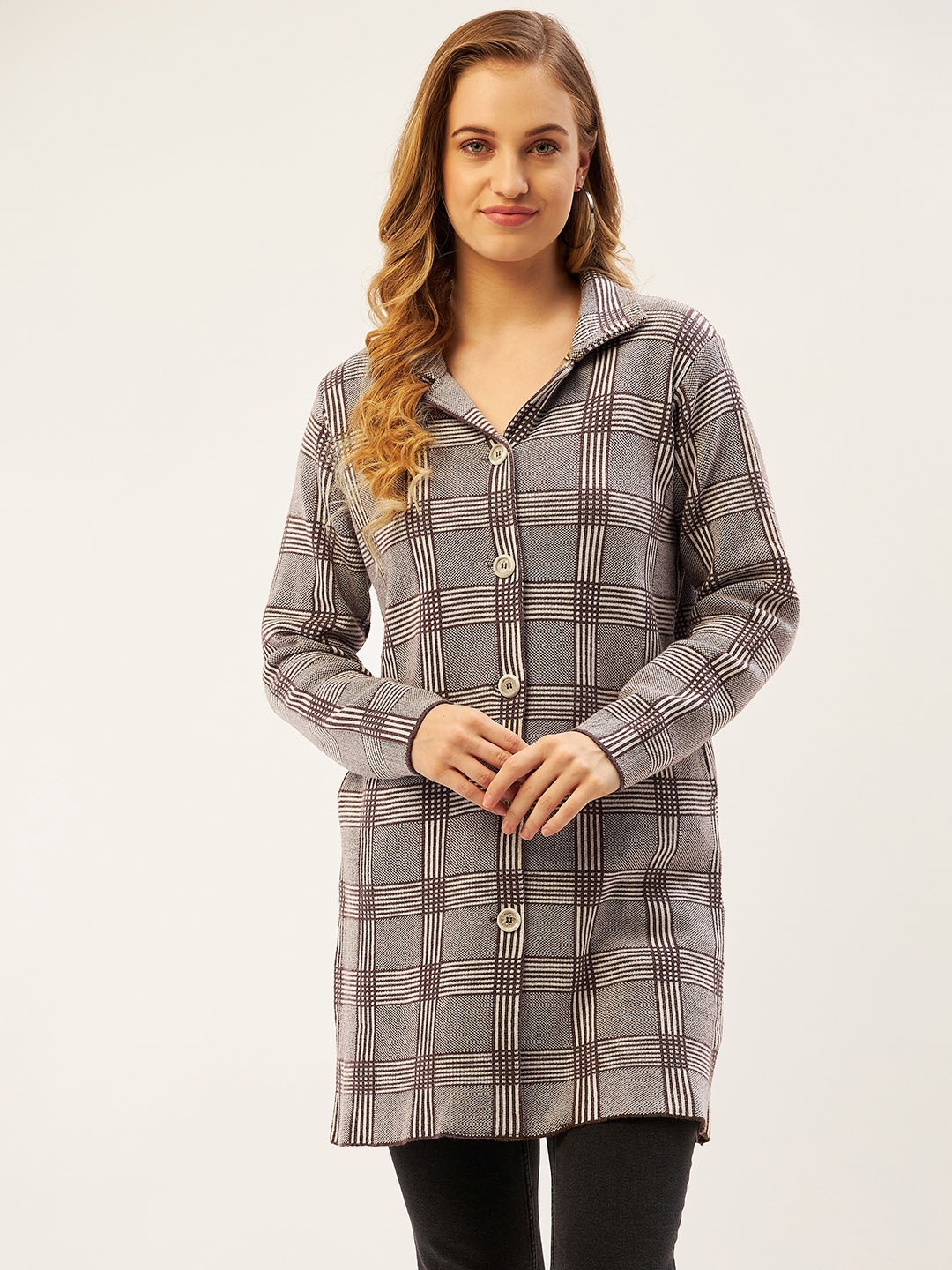 

American Eye Women Cream-Coloured & Brown Checked Longline Cardigan