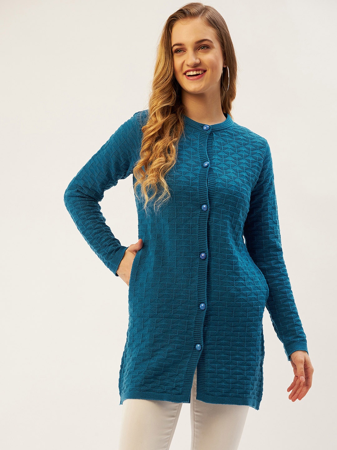 

American Eye Women Blue Self Design Longline Cardigan