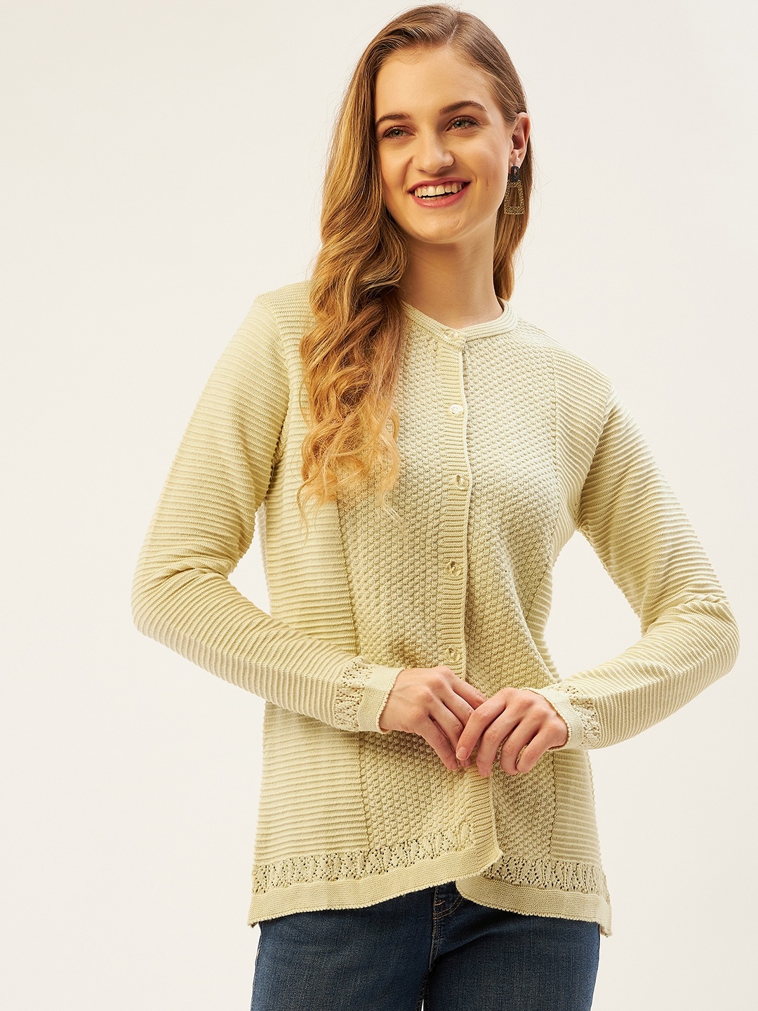 

American Eye Women Cream-Coloured Striped Cardigan