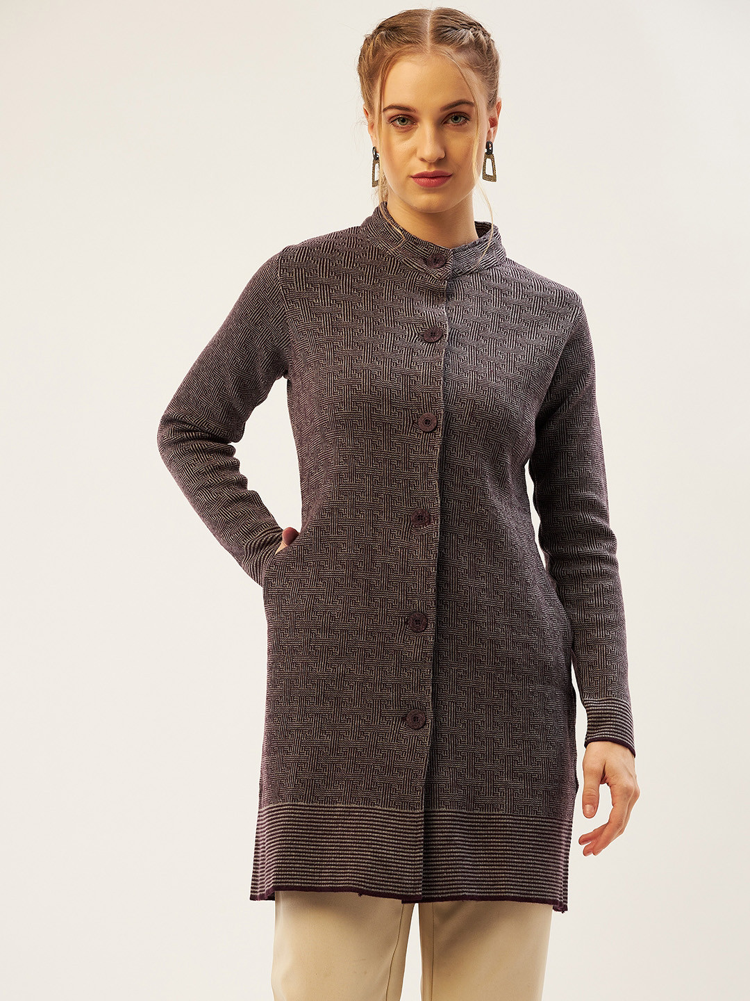 

American Eye Women Burgundy & White Self Design Longline Cardigan