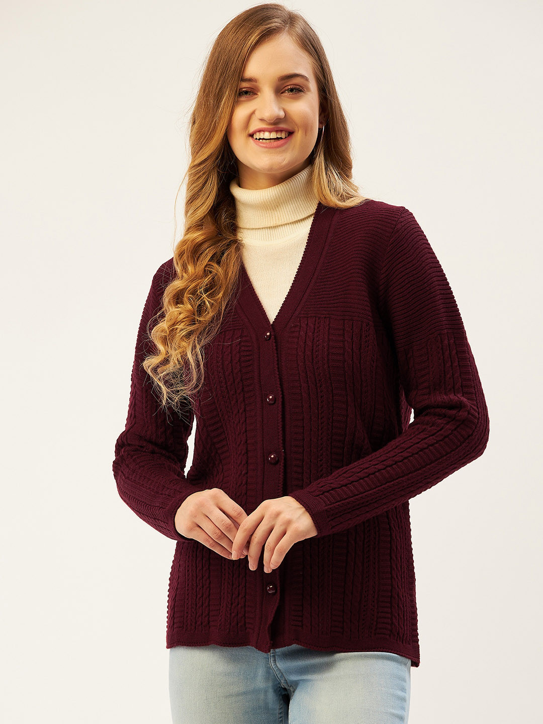 

American Eye Women Maroon Striped Cardigan