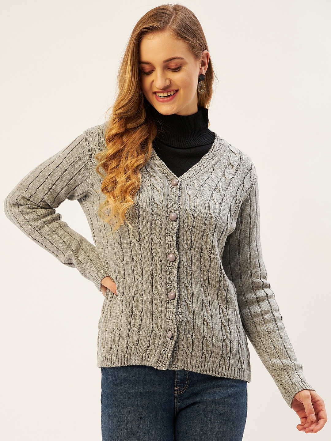 

American Eye Women Grey Cable Knit Cardigan