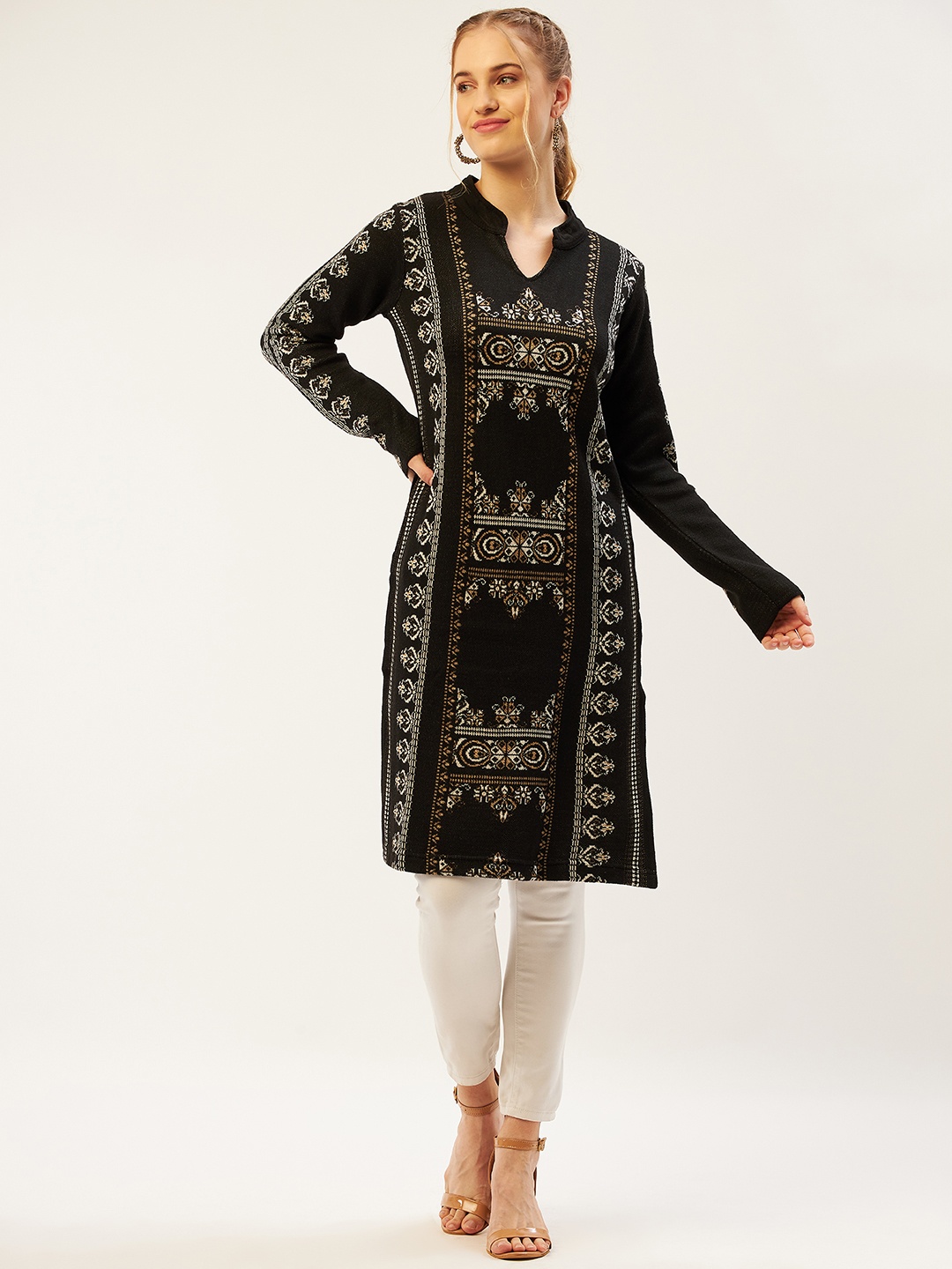

American Eye Women Black & Beige Ethnic Motifs Woven Design Winter Straight Kurta