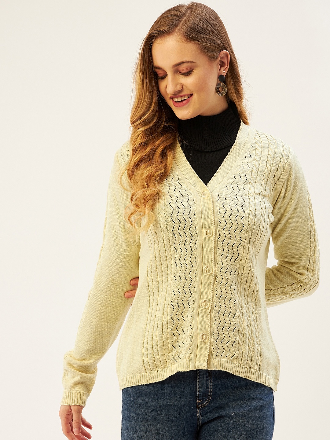 

American Eye Women Cream-Coloured Cable Knit Cardigan