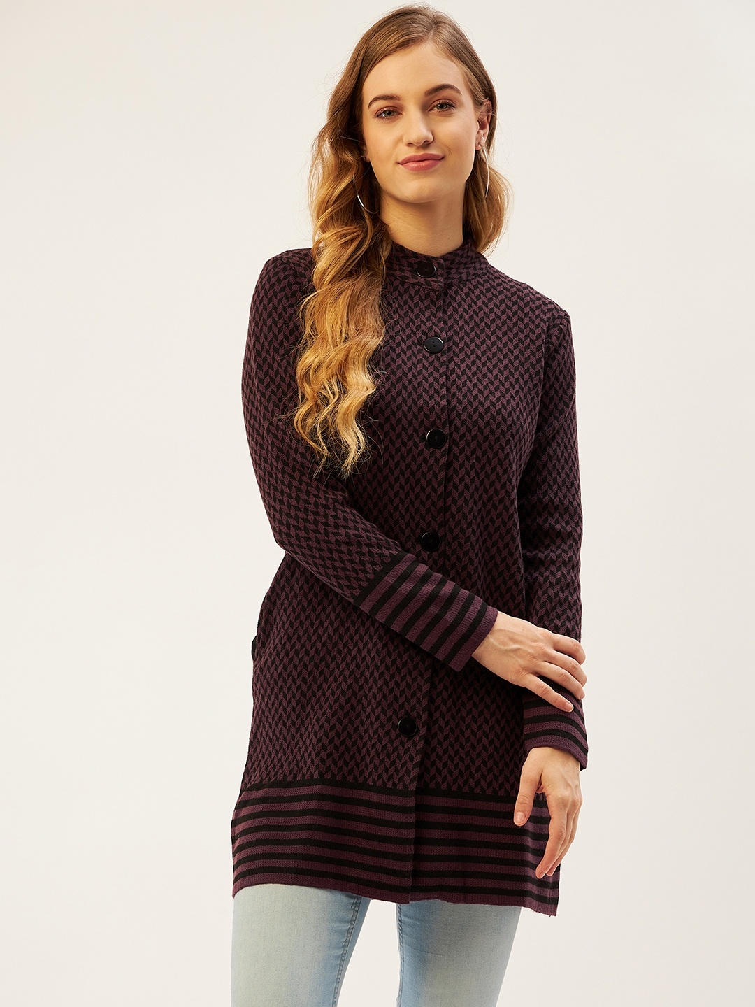 

American Eye Women Purple Checked Longline Cardigan