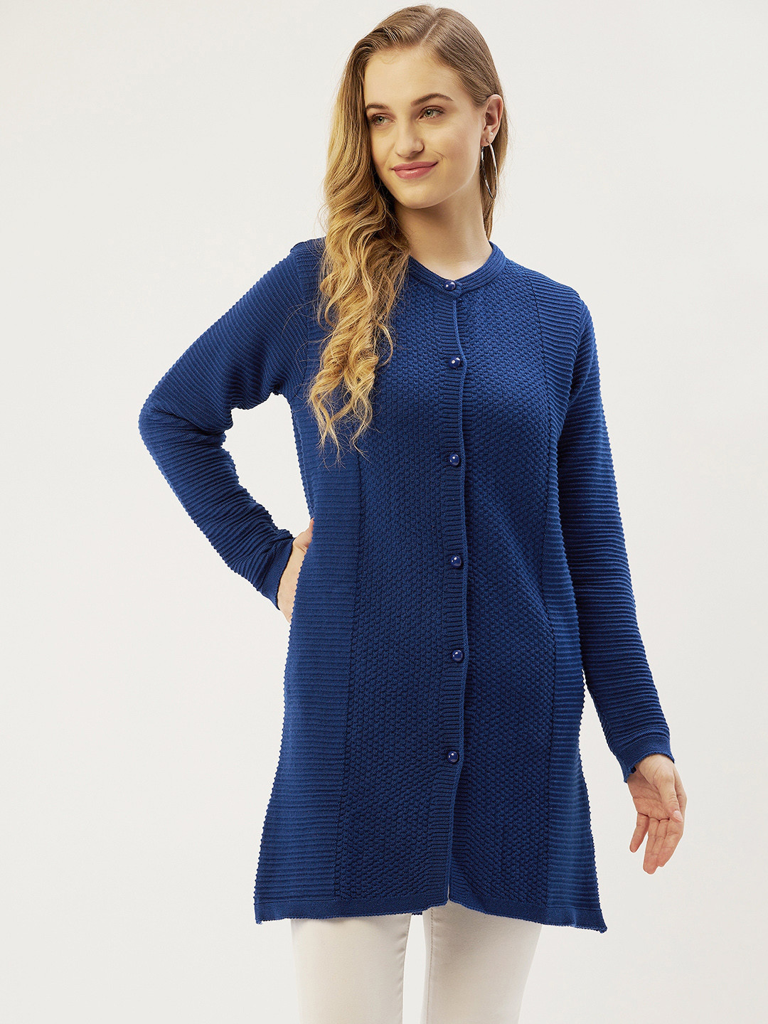 

American Eye Women Navy Blue Checked Woven Design Longline Cardigan