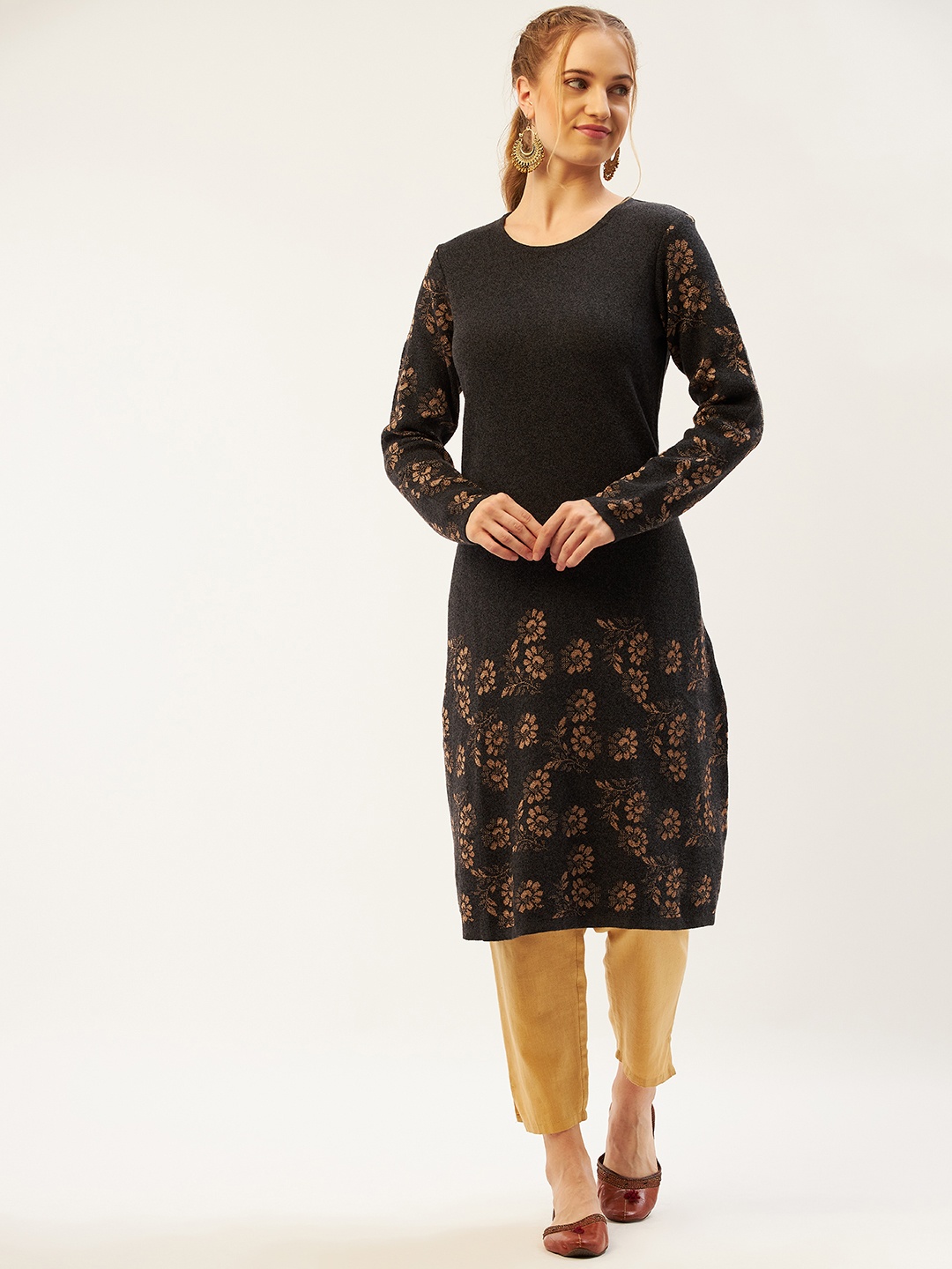 

American Eye Women Charcoal Grey & Beige Floral Woven Design Winter Straight Kurta