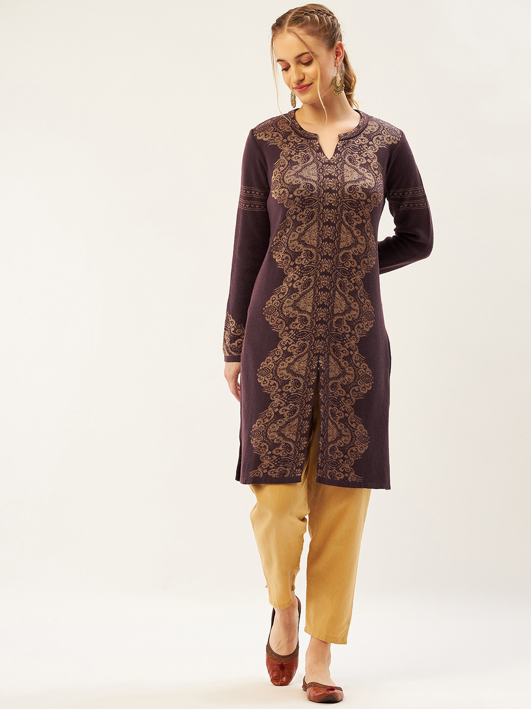 

American Eye Women Aubergine & Orange Ethnic Motifs Woven Design Winter Straight Kurta, Purple