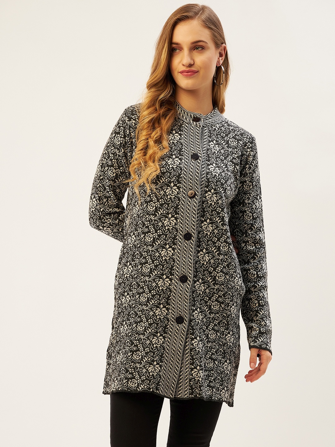 

American Eye Women Charcoal Grey & Off White Floral Woven Design Longline Cardigan